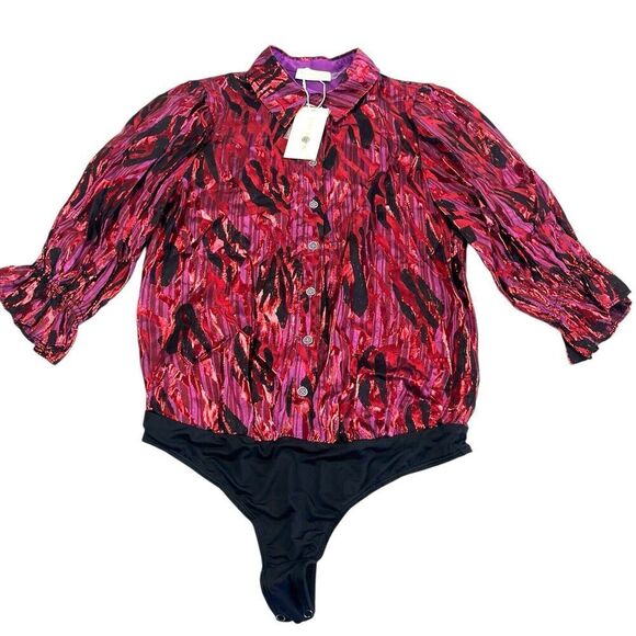 NWT Ramy Brook Printed Dina Bodysuit XS Red Top Metallic Whimsigoth disco - Picture 2 of 15
